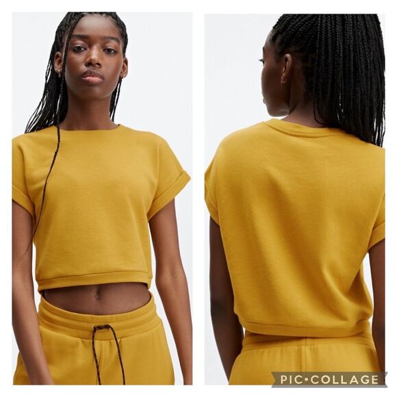 Fabletics Mustard Yellow Cassie Short Sleeve Sweatshirt Size Medium - Picture 1 of 5